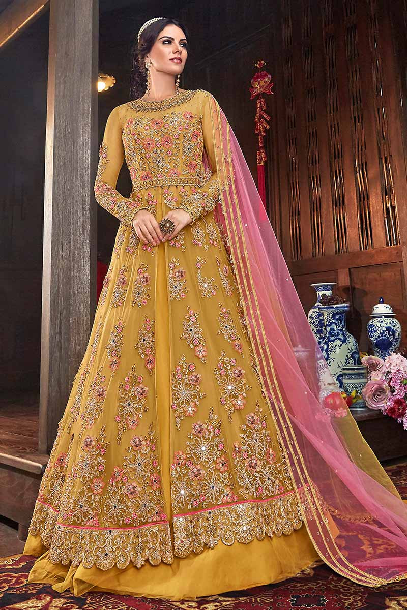 Buy Embroidered Net Anarkali Suit In Yellow Colour Online - LSTV03632 ...