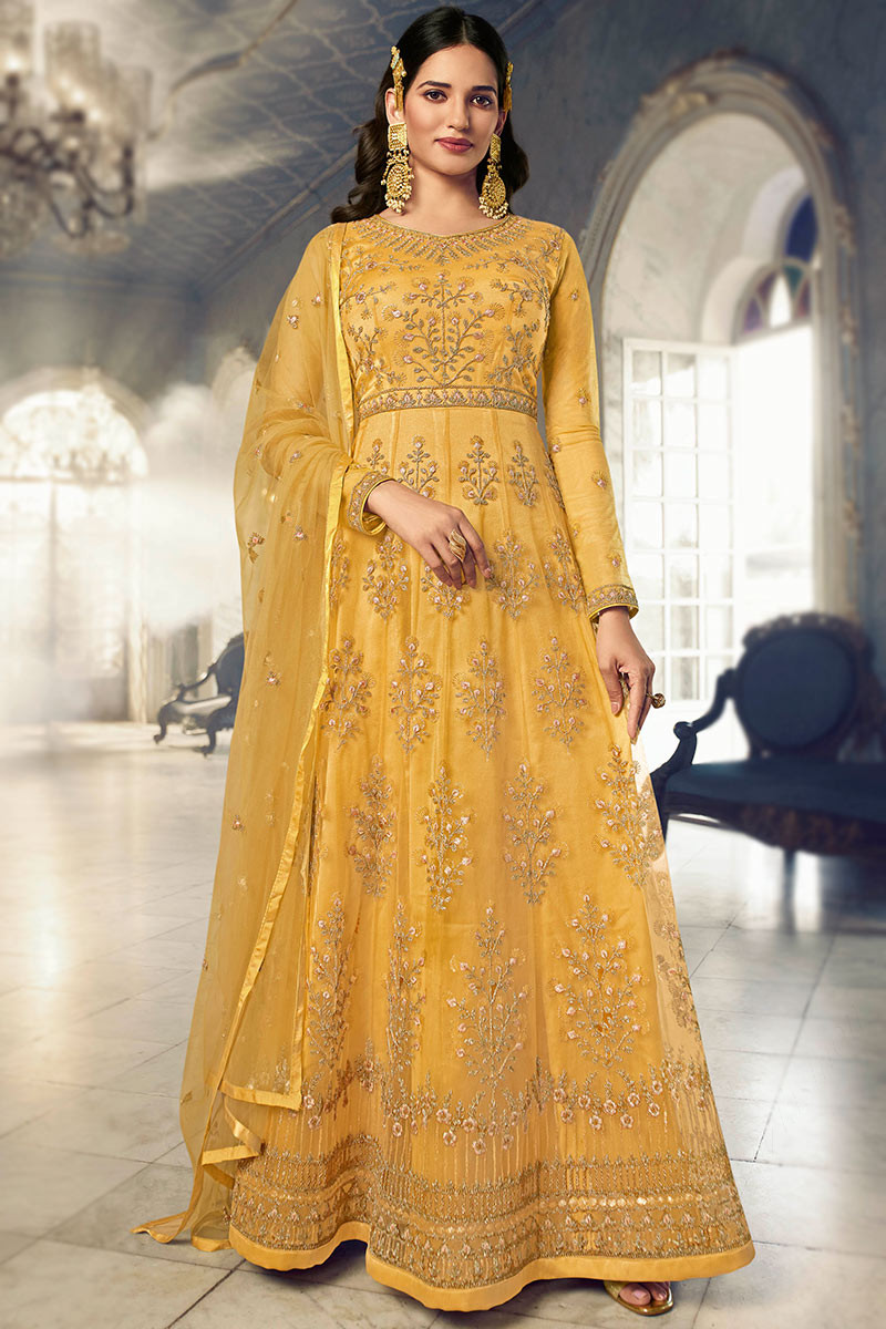 Embroidered Net Mustard Yellow Anarkali Suit