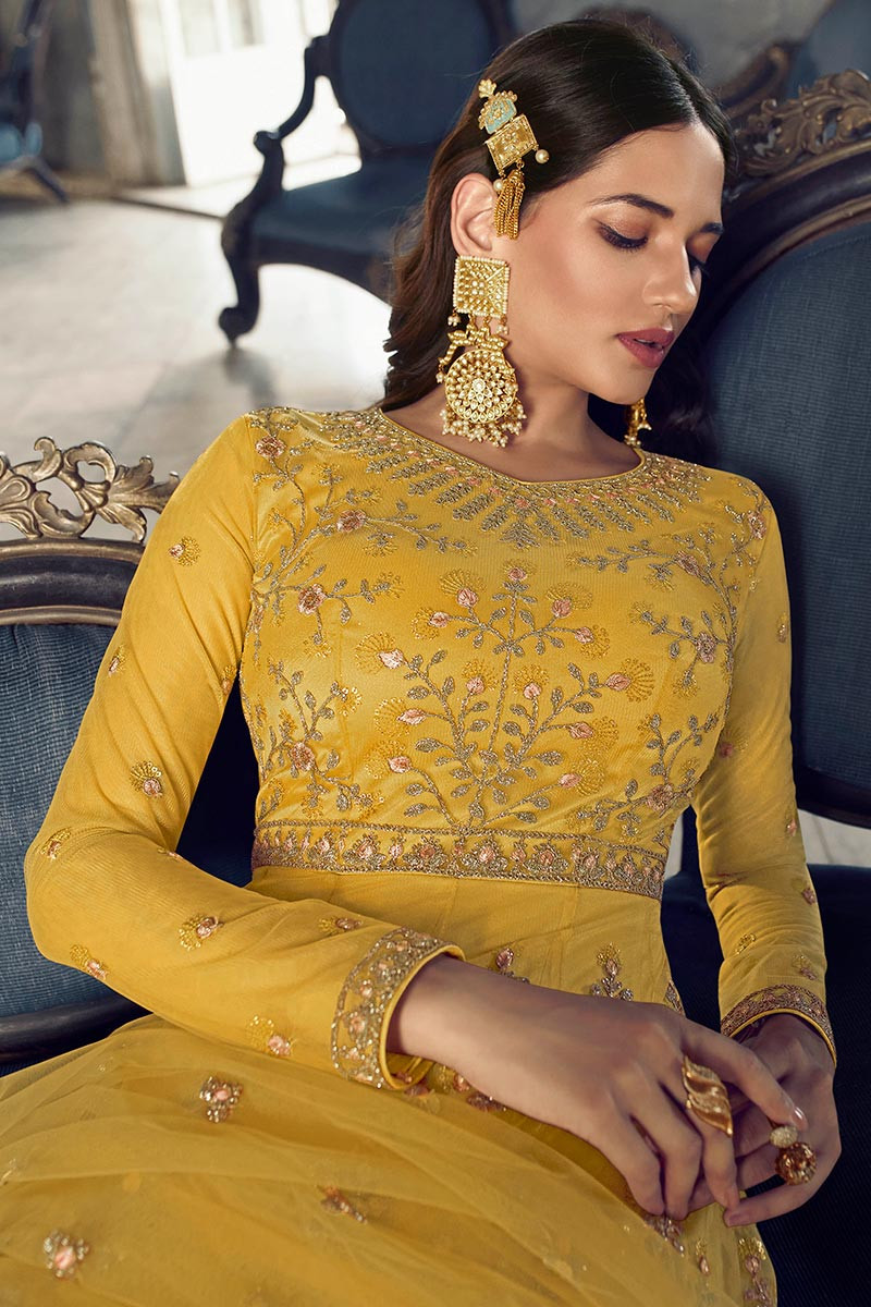 Embroidered Net Mustard Yellow Anarkali Suit