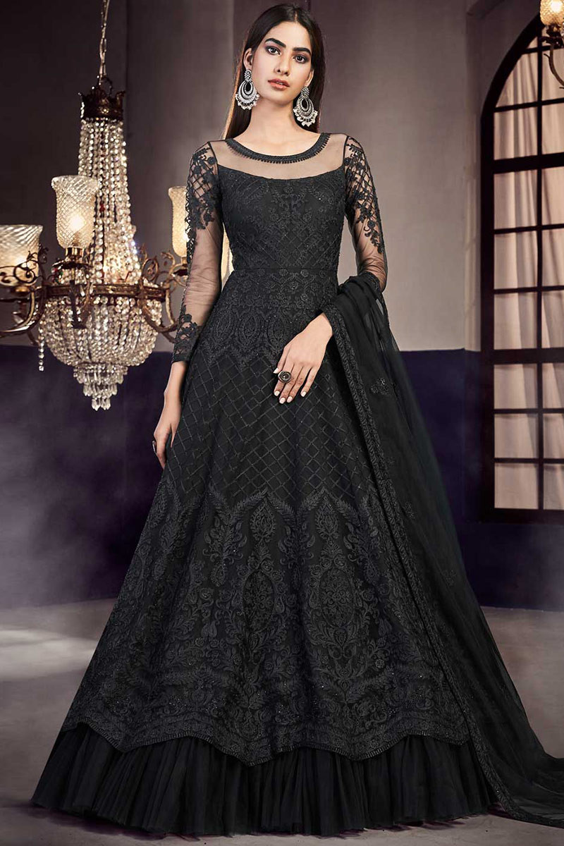 All Season Long Anarkali Gown For Ladies Plain Pattern Full Sleeves  Supreme Quality Eye Catchy Look Soft Texture Skin Friendly Regular Fit  Casual Wear Comfortable To Wear Black Color Size  Large
