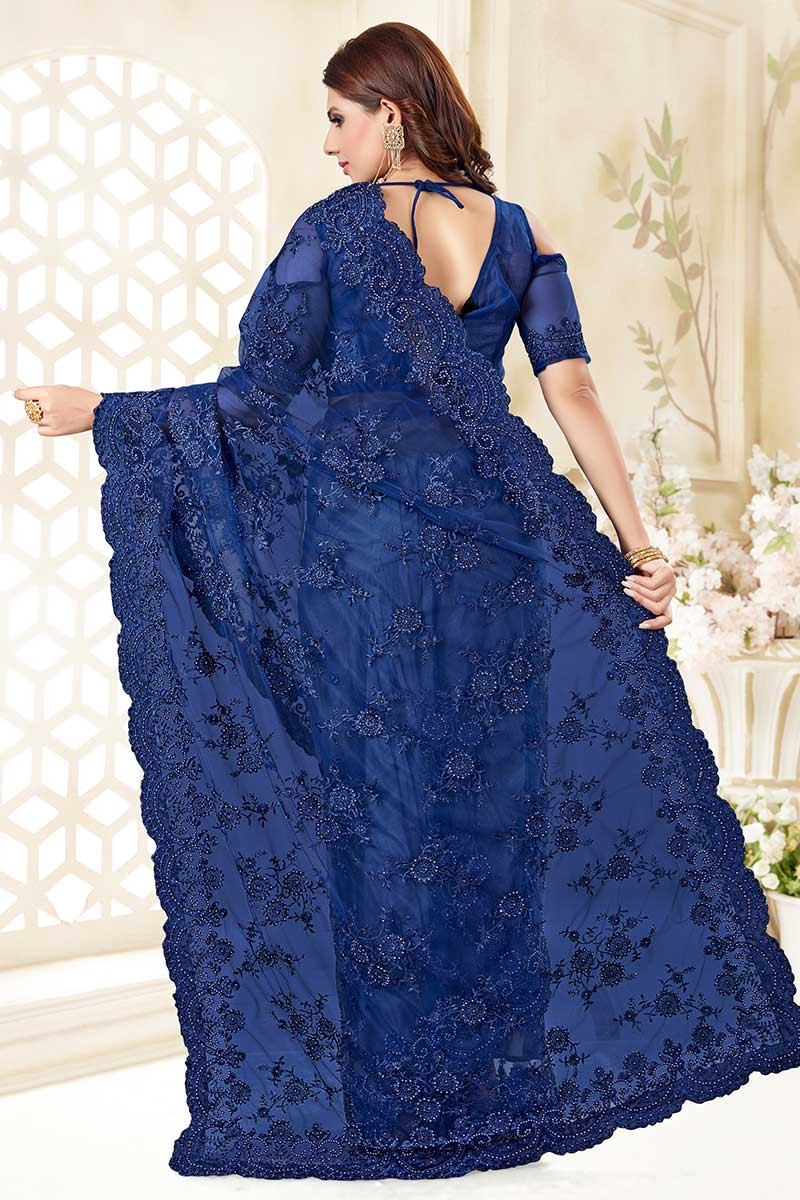 Stone Work Embroidered Net Royal Blue Saree