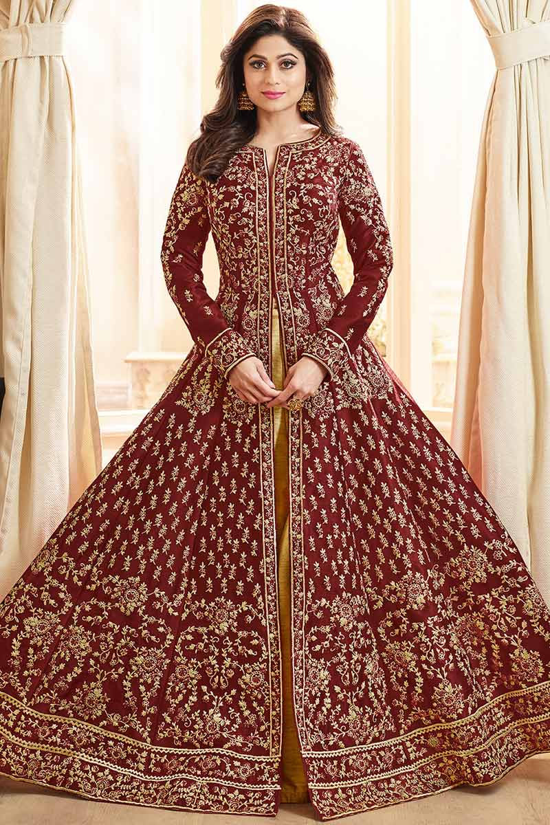 maroon colour frock suit