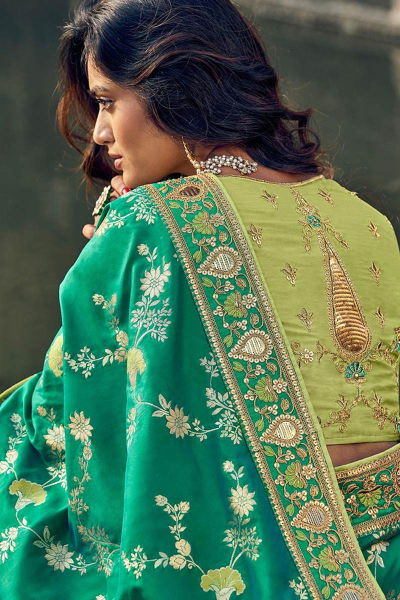 Buy Emerald Green Jacquard Silk Half And Half Saree Online Sarv033 Andaaz Fashion