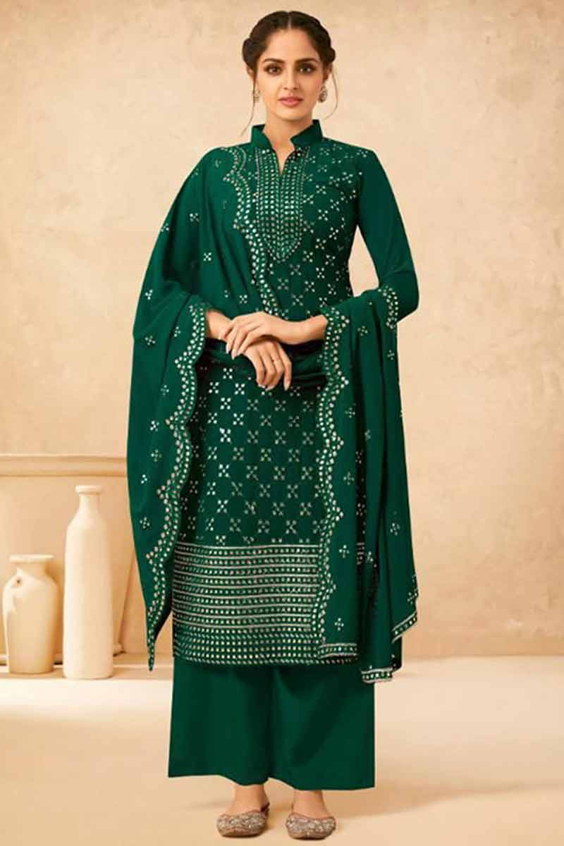 Faux Mirror Embroidered Georgette Emerald Green Trouser Suit For Eid ...