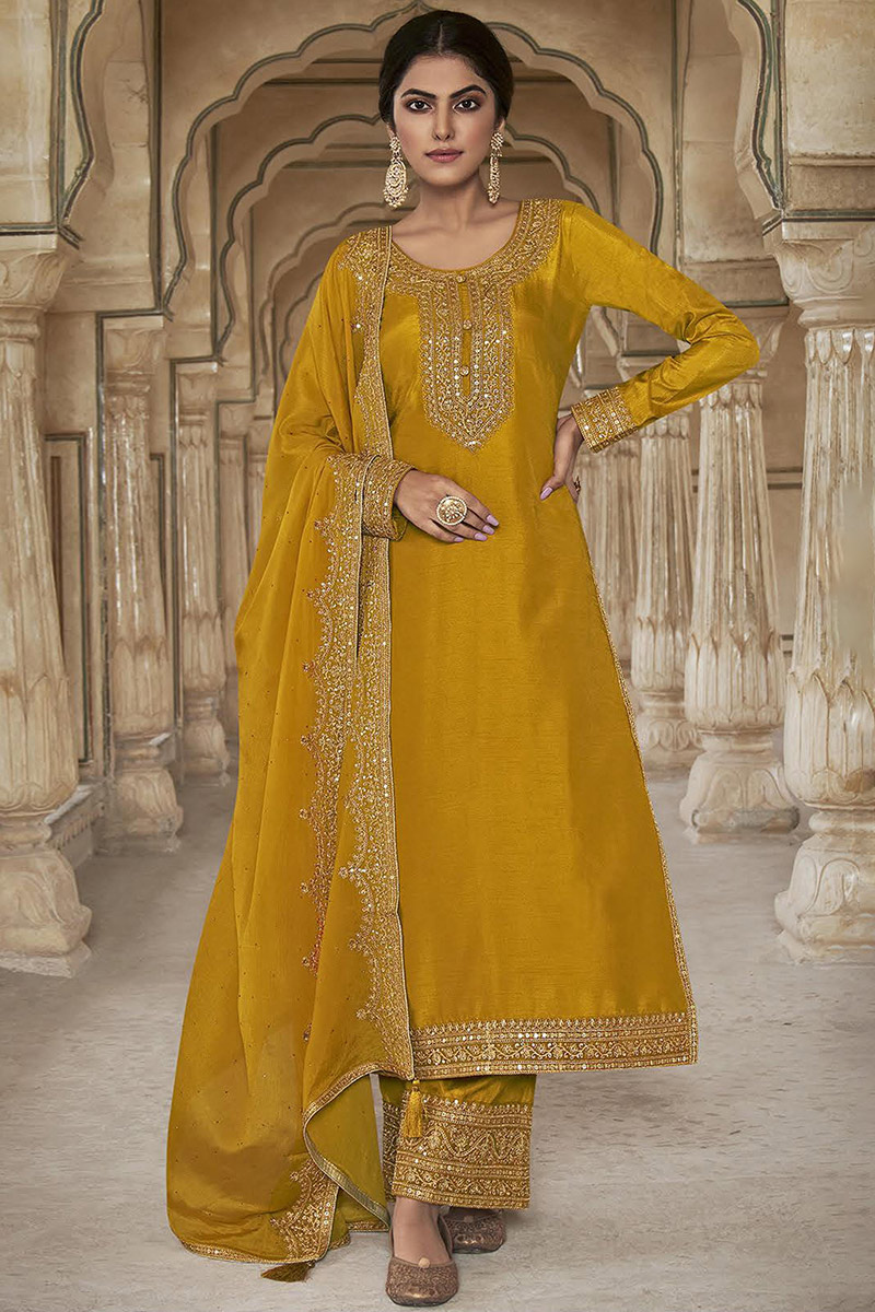 Mustard Festive Wear Designer Semi-Stitched Pant Suit With Embroidery Work main image 1