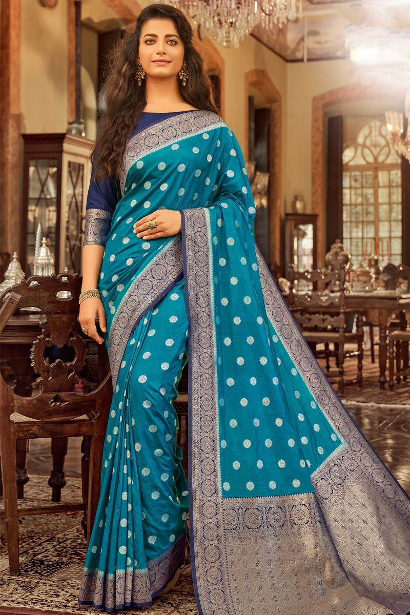 Buy Firozi Blue Chanderi Cotton Indian Wear Saree Online ...