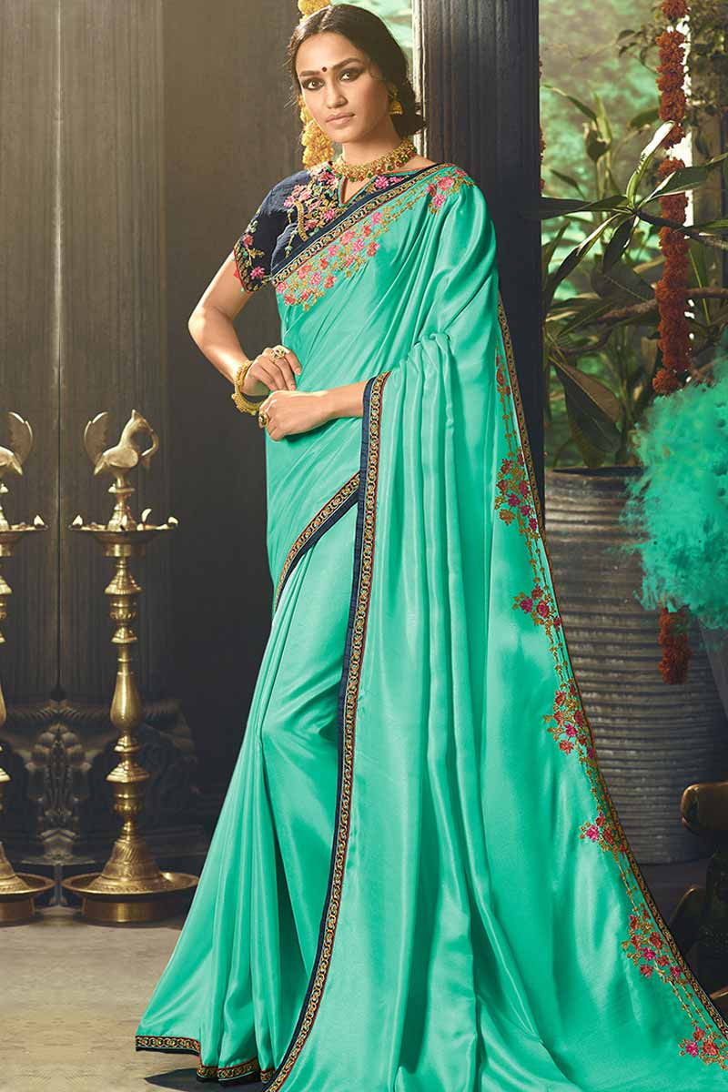 Buy Firozi Green Silk Saree With Silk Blouse Online - SARV01068 ...