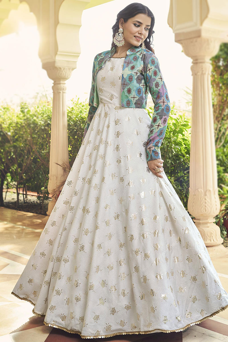 Buy White Green Hand Block Printed Mulmul Anarkali Dress with Dupatta Set  of 2  SC6605GreenBIRA2  The loom