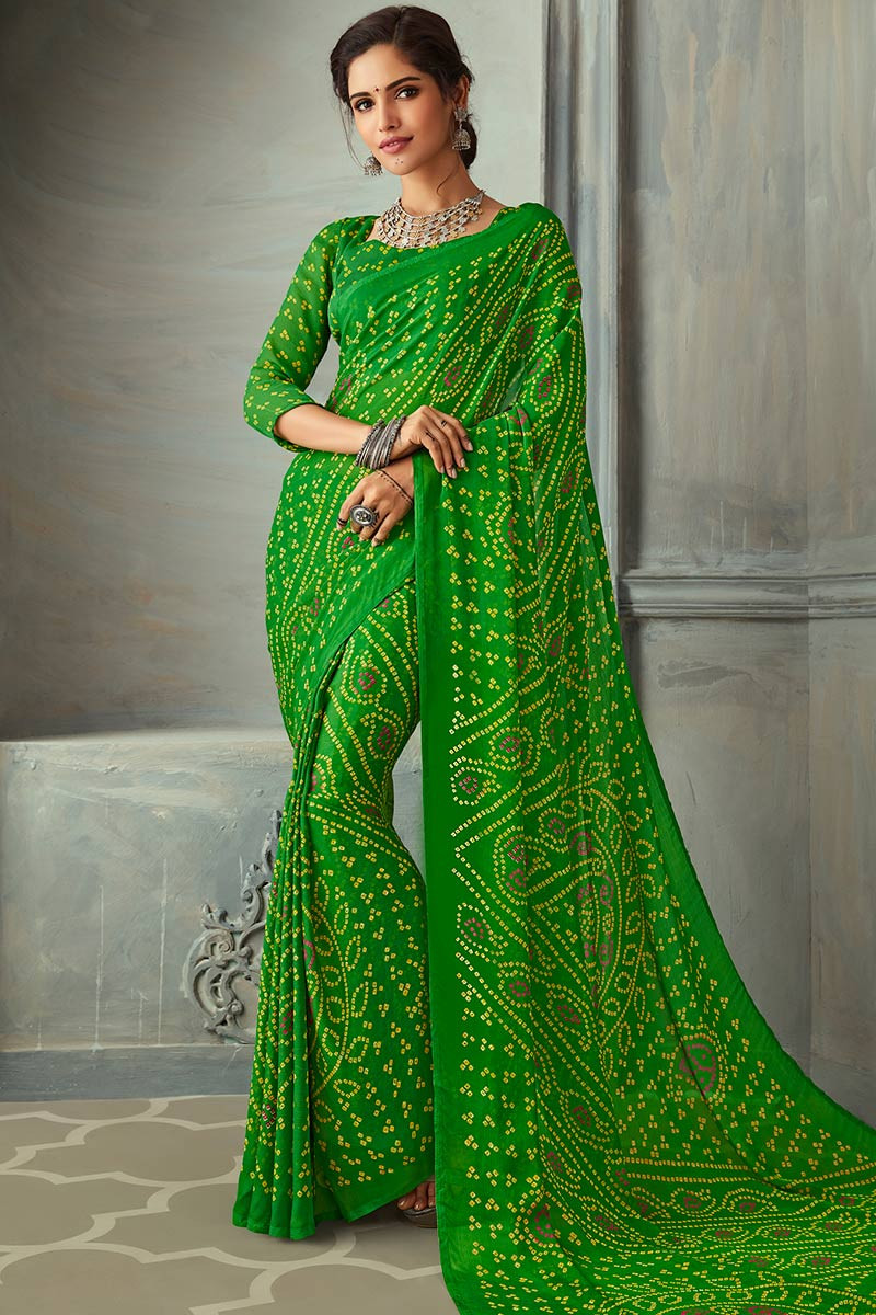 Buy Forest green Chiffon Bandhej Saree