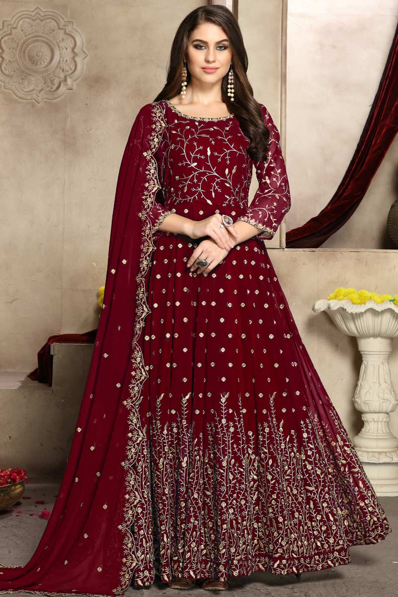 maroon colour frock suit