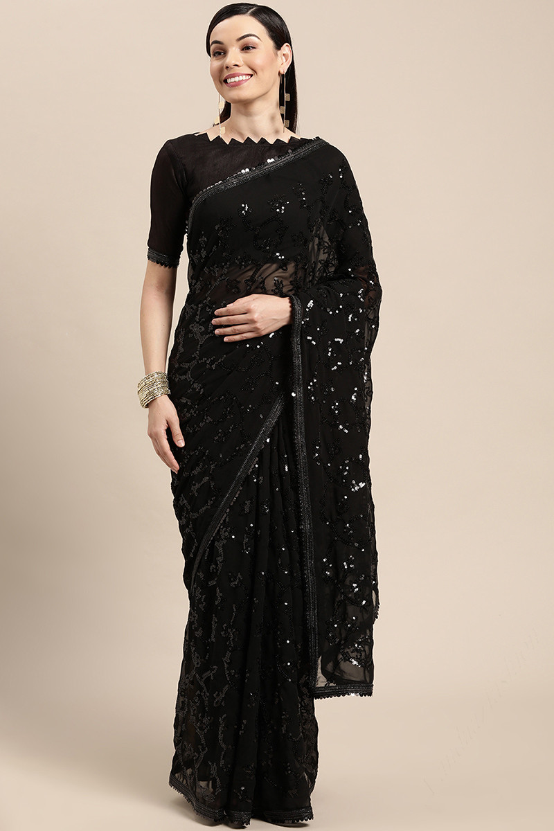 Black Handcrafted Swarovski Crystal French Chantilly Lace Saree with E –  Talking Threads