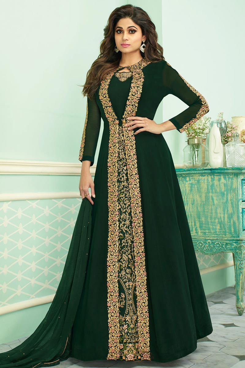 Buy Georgette Bollywood Anarkali Suit In Bottle Green Colour Online ...