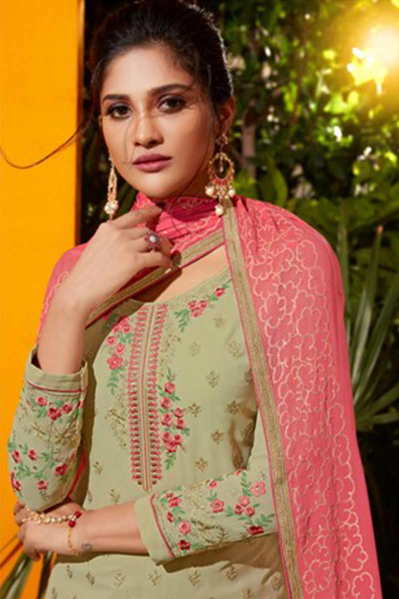 Buy Light Olive Green Sharara Suit With Zari Work Online Lstv03227 Andaaz Fashion It's decorated with attractive zari work on yoke and hem portion, this salwar suit comes with tissue silk dupatta. light olive green sharara suit with zari work