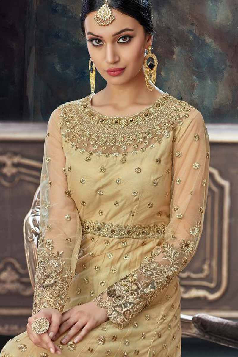 Glorious Light Golden Net Anarkali Gown 