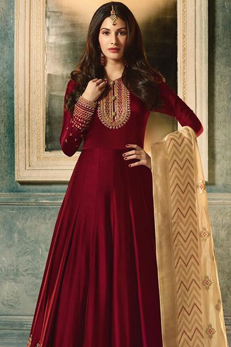 Buy Glorious Silk Anarkali Suit In Maroon Color Online