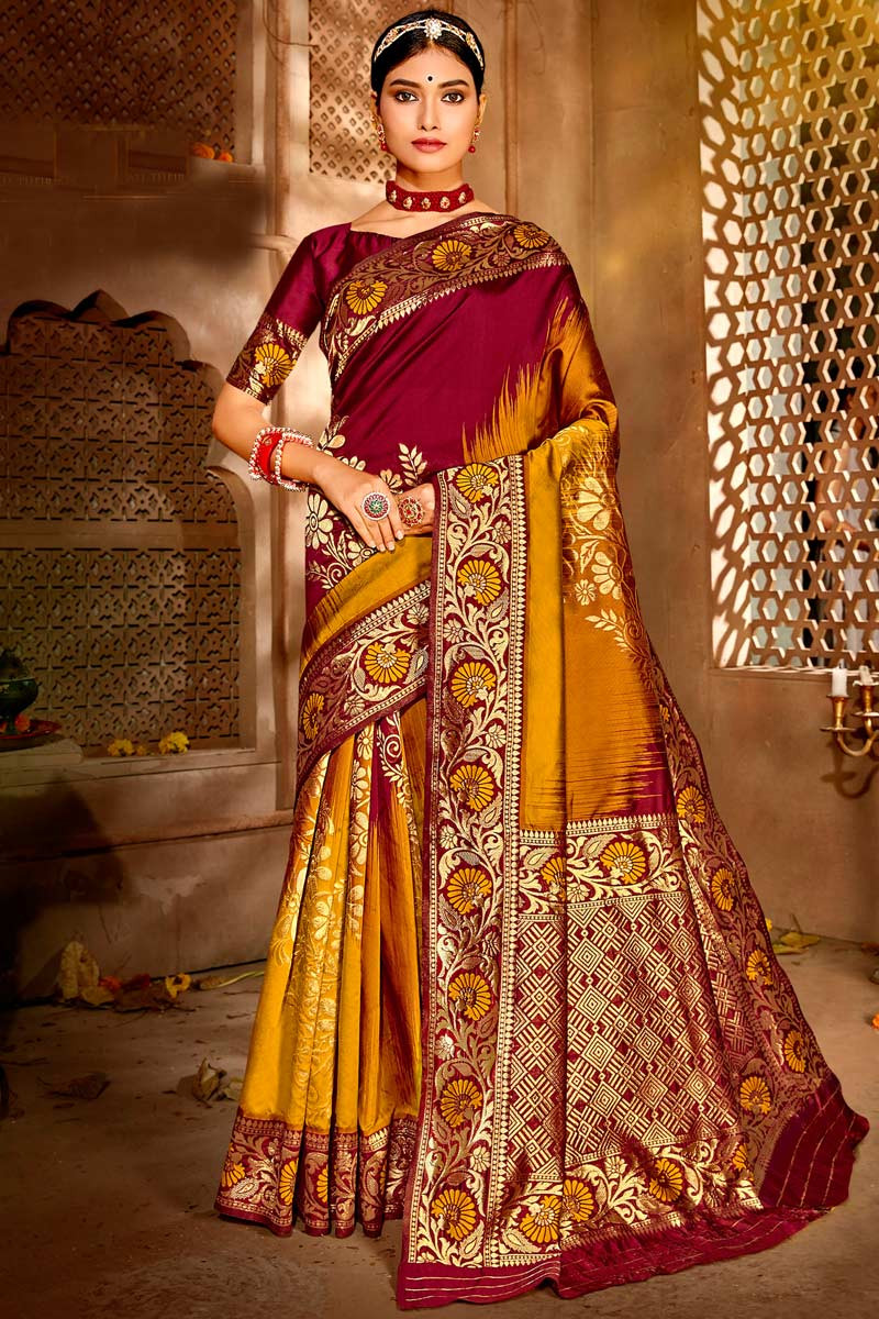 Wedding Art Silk saree Banarasi Style Jacquard Golden Zari Woven Sari Maroon