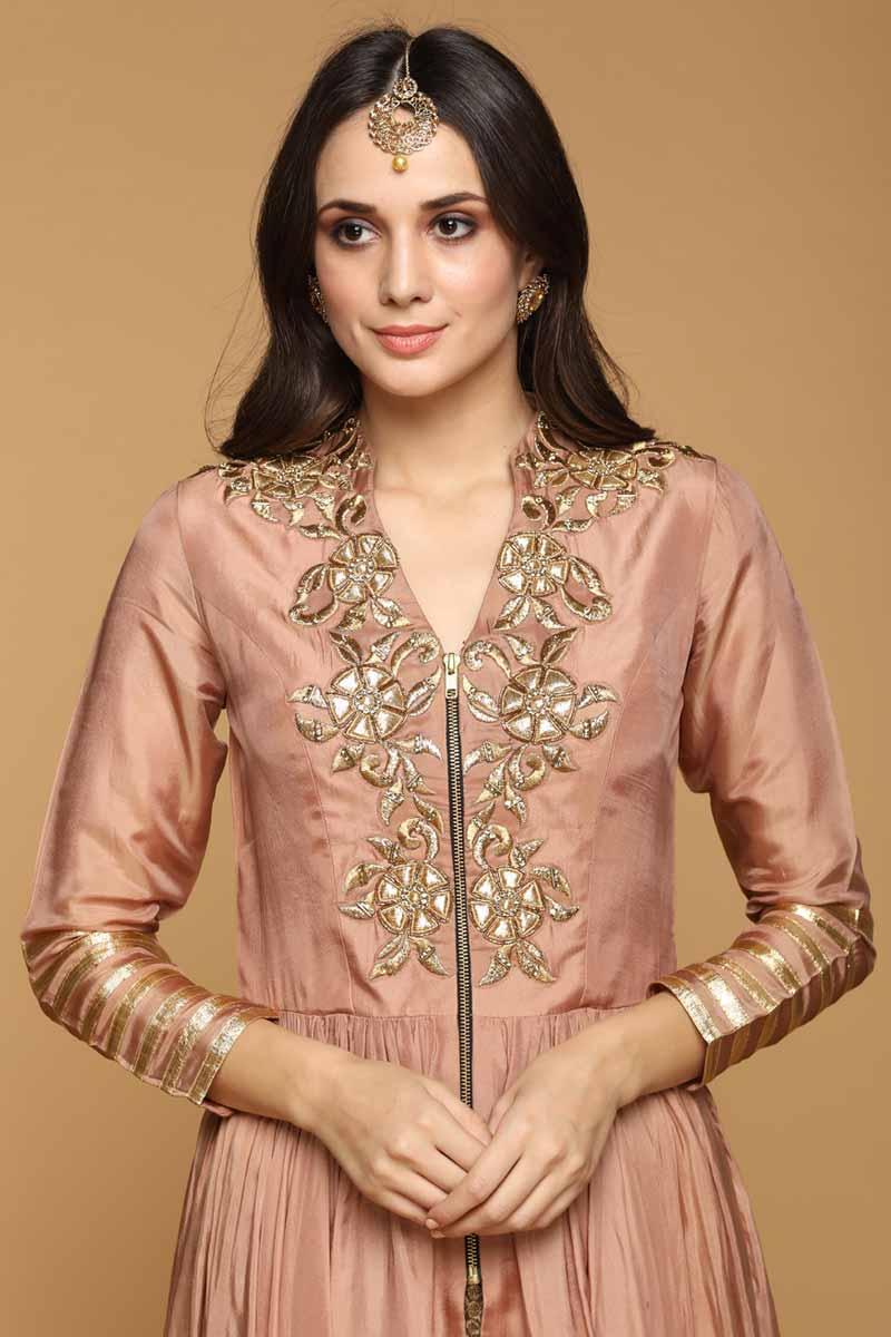 Buy Elegant Net And Silk Straight Pant Suit In Tortilla Brown