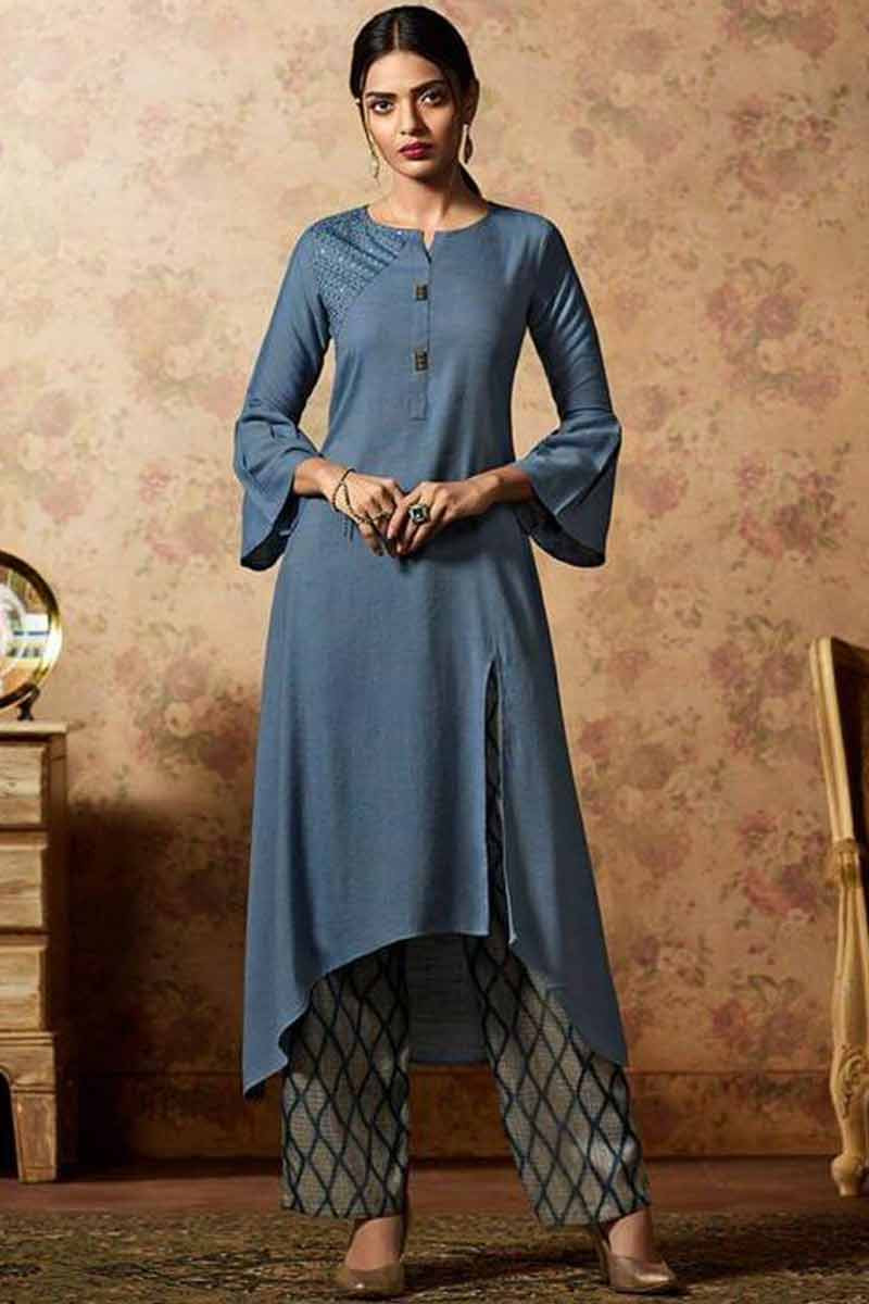 Buy Gorgeous Silk Trouser Suit In Aegean Blue Color Online - LSTV02573 ...