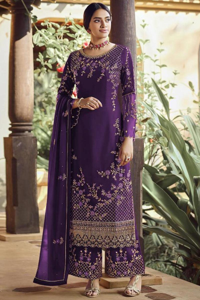 purple net embroidered front slit straight trouser suit 4737