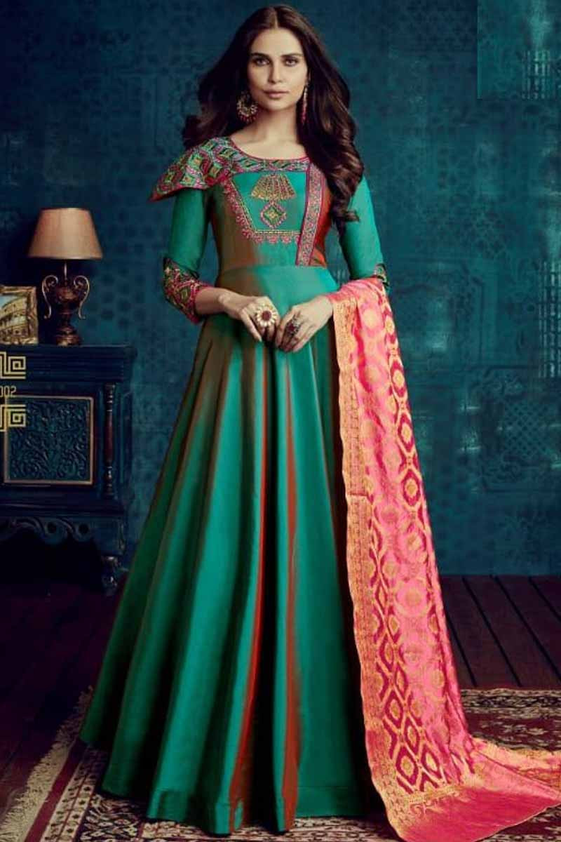 green silk anarkali