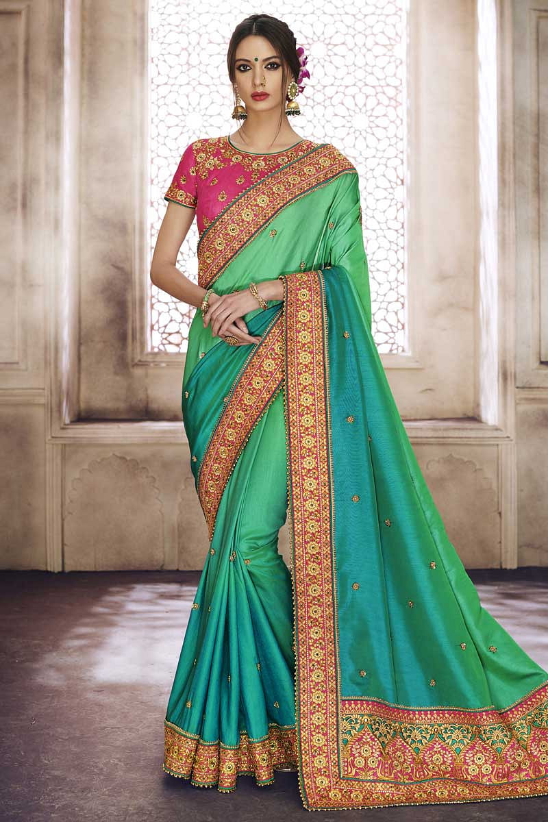 Green Satin Silk Saree with Pink Blouse