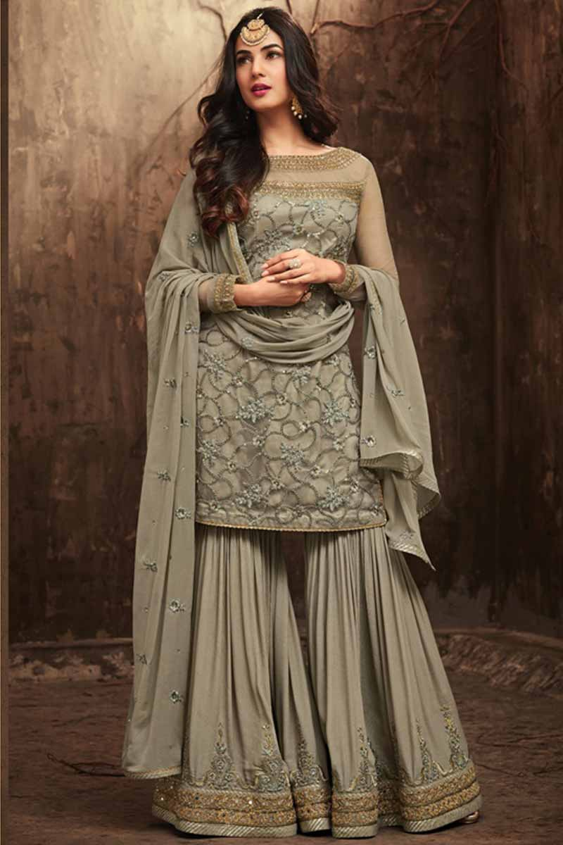 Buy Glorious Net Sharara Suit In Mist Grey Color Online