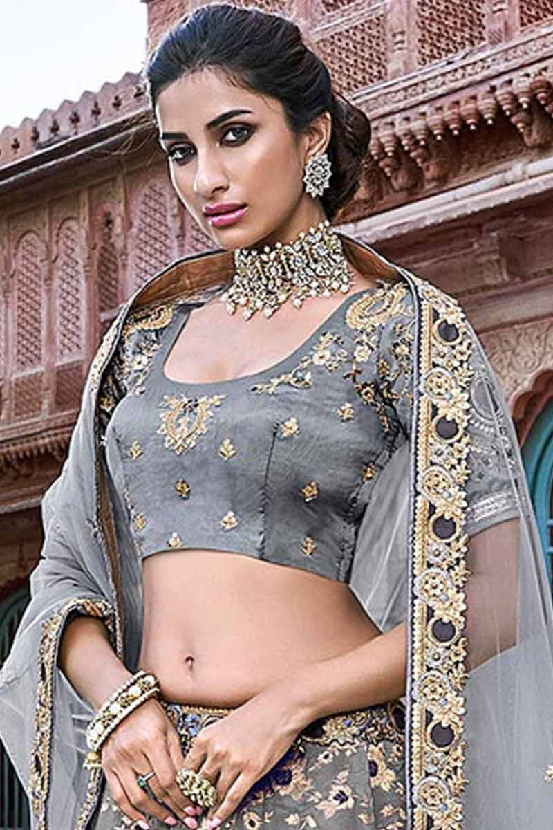 Buy Grey Color Banglori Silk Pakistani Lehenga Online Llcv01248