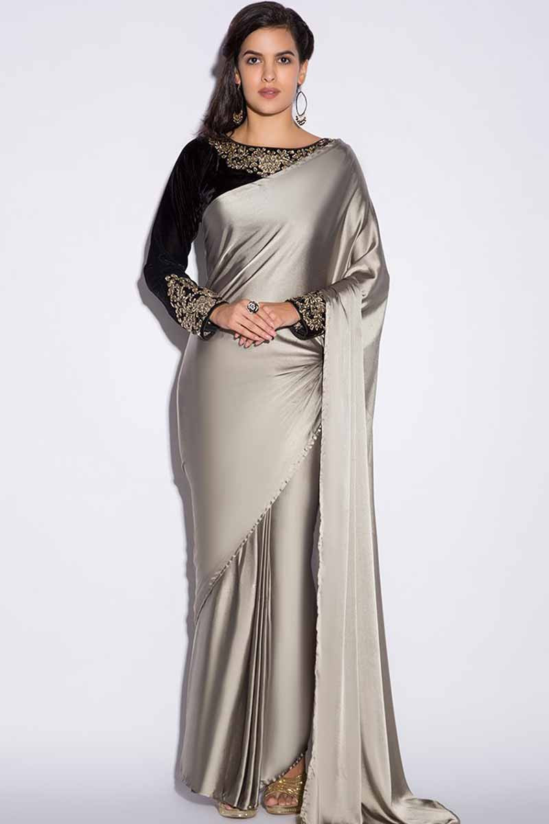 Buy Grey Silk Saree With Silk Blouse Online Sarv0623 Andaaz Fashion
