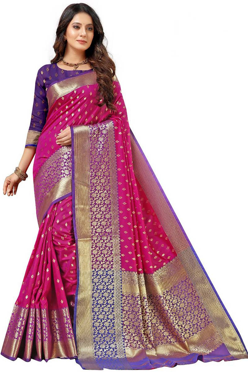 Clothing Fashion Hot Pink Silk Woven Zari Saree|SARV114161