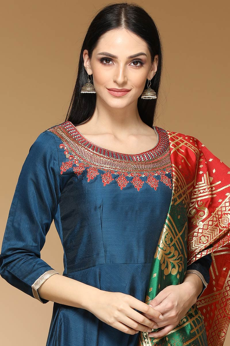 Buy Indigo Blue Dupion Embroidered Anarkali Suit Online - 2018 | Andaaz ...