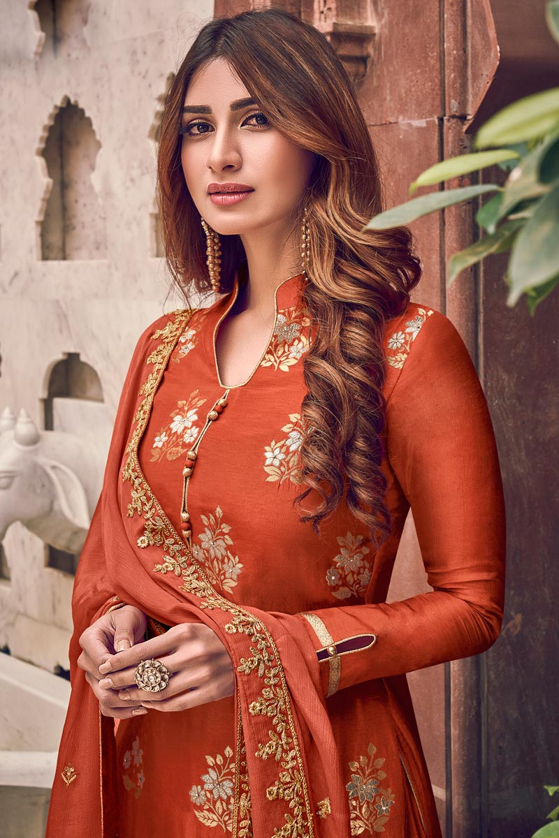 Buy Jacquard Palazzo Pant Suit In Rust Orange Color Online ...