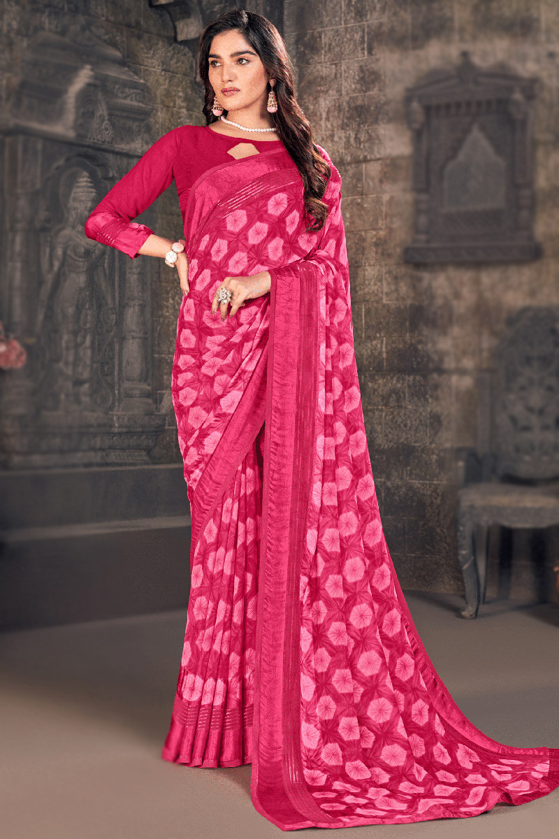 Shop Party Wear Banarasi Silk Ruby Pink Handwork Saree Online India – Sunasa