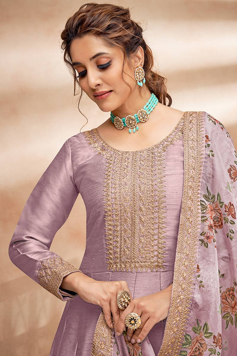 Purple resham dori embroidered suit paired with modal satin dhoti style bottam and organza cape
