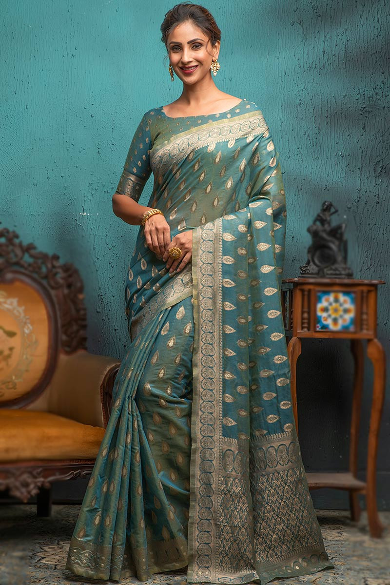 Buy Powder Blue Stitched Ready To Wear Saree With Stone Studded Blouse