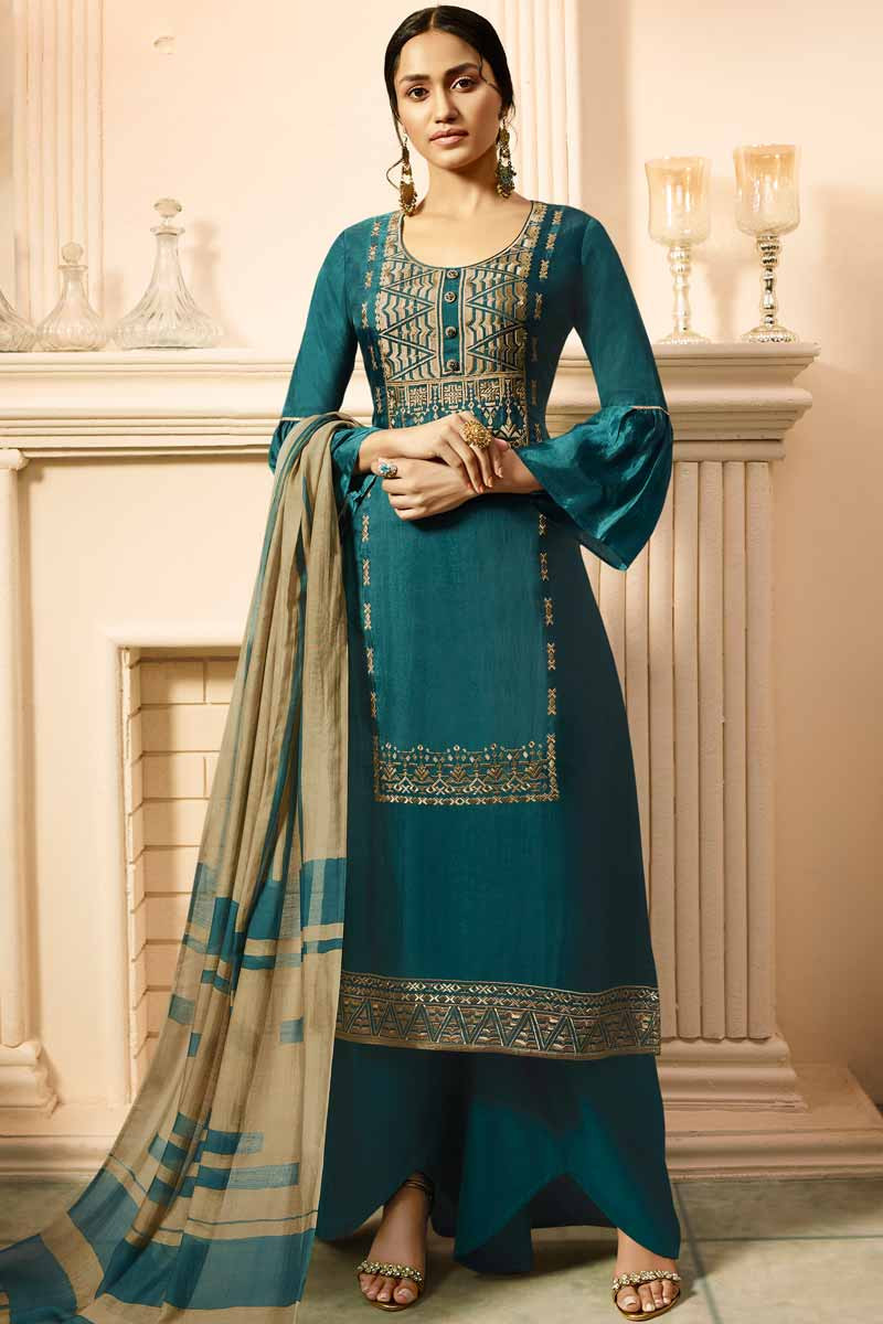 Buy Resham Silk Ocean Blue Palazzo Pant Suit Online - LSTV01878 ...