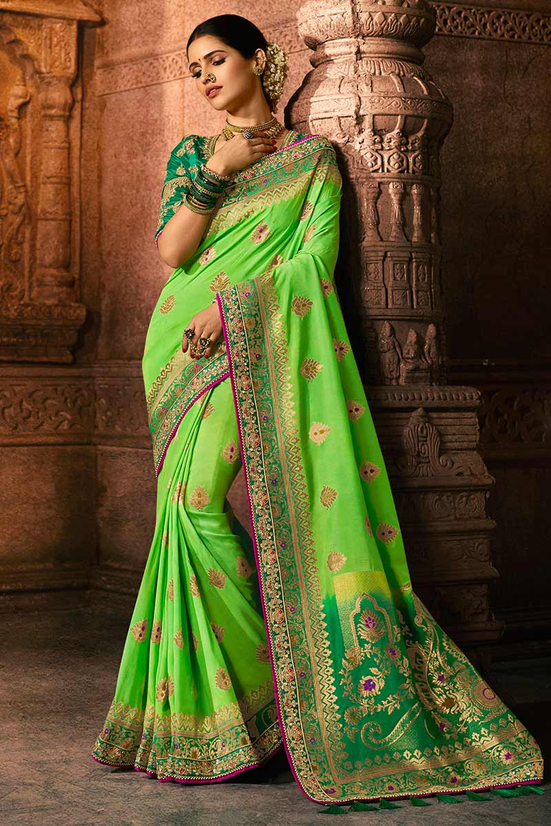 Buy Light Green Banarasi Silk Saree With Banglori Silk Blouse Online Sarv02524 Andaaz Fashion Organza and georgette sarees woven.