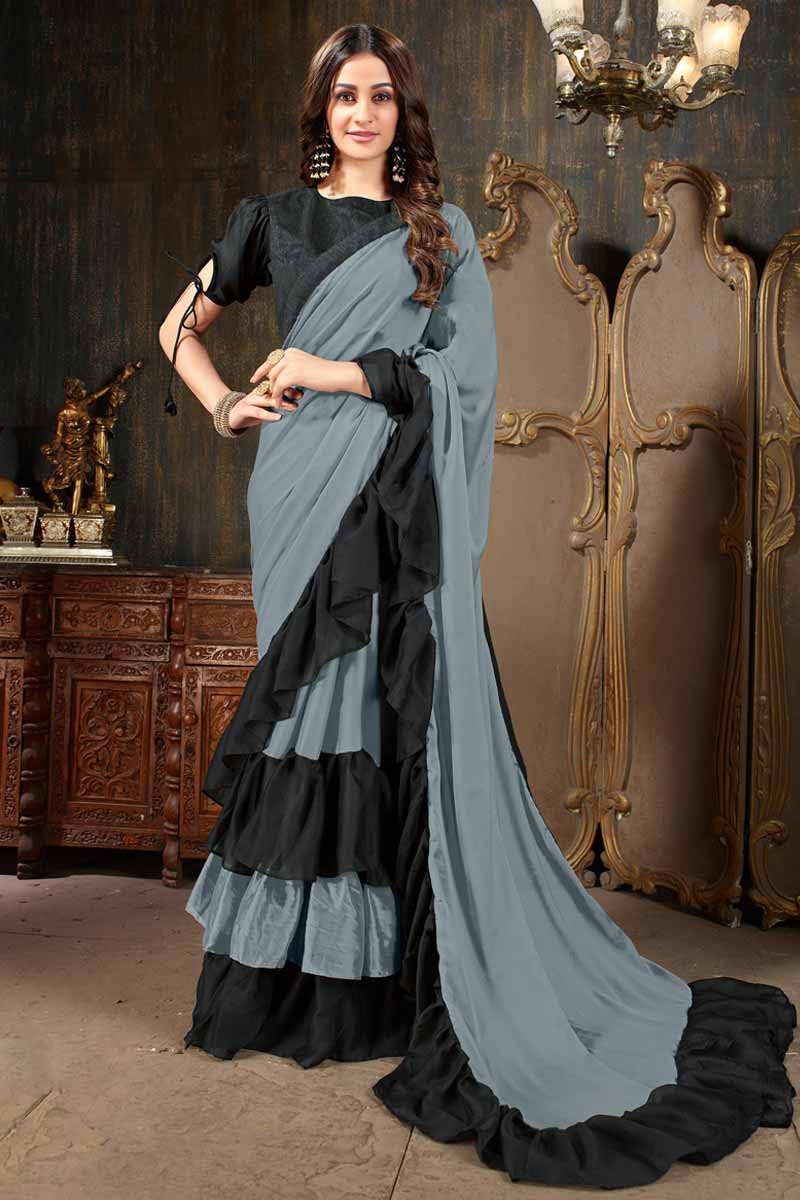 Buy Light Grey Georgette Ruffle Saree