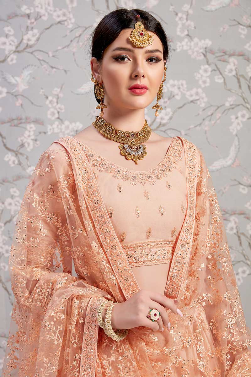 peach net lehenga choli