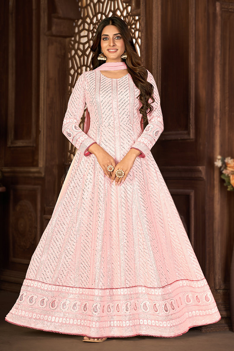 Peach Net Diamond Anarkali Suit Low Price 46 OFF