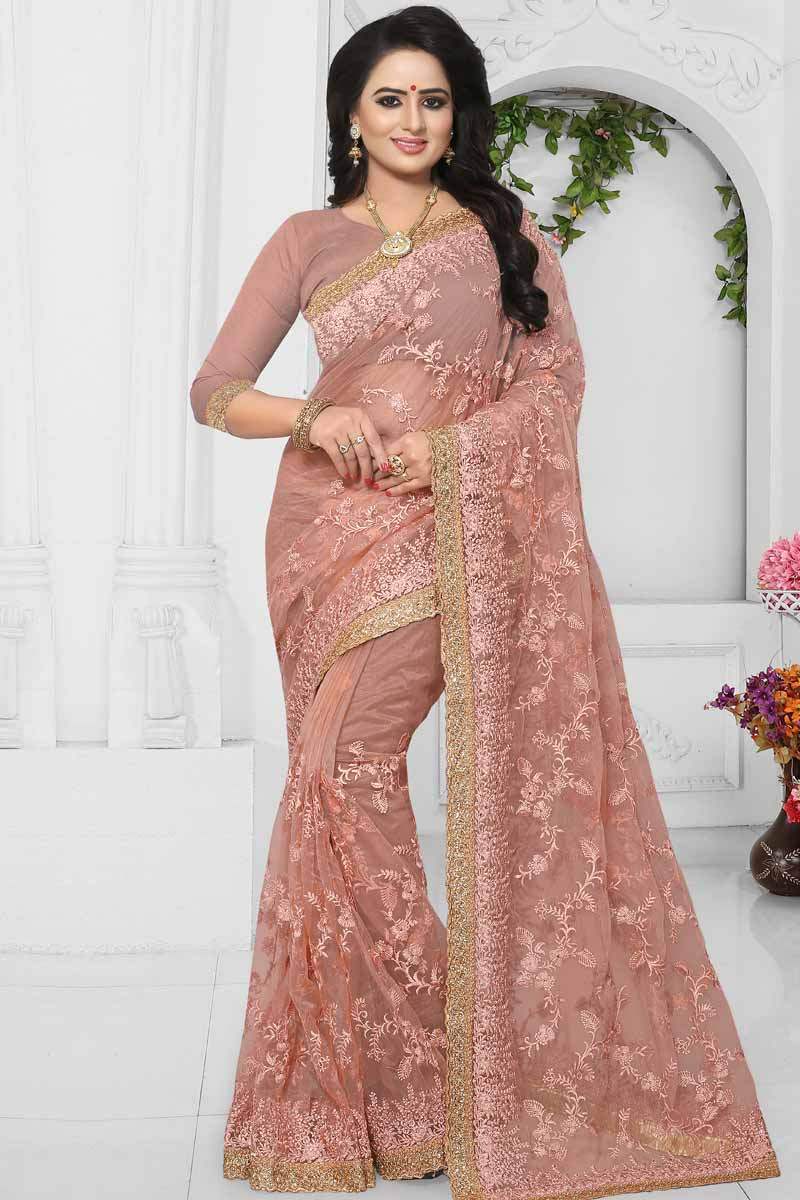 Buy Bollywood Designer Bridal Sarees Light Pink Net Diwali Saree Collection Sweet Heart Neck 