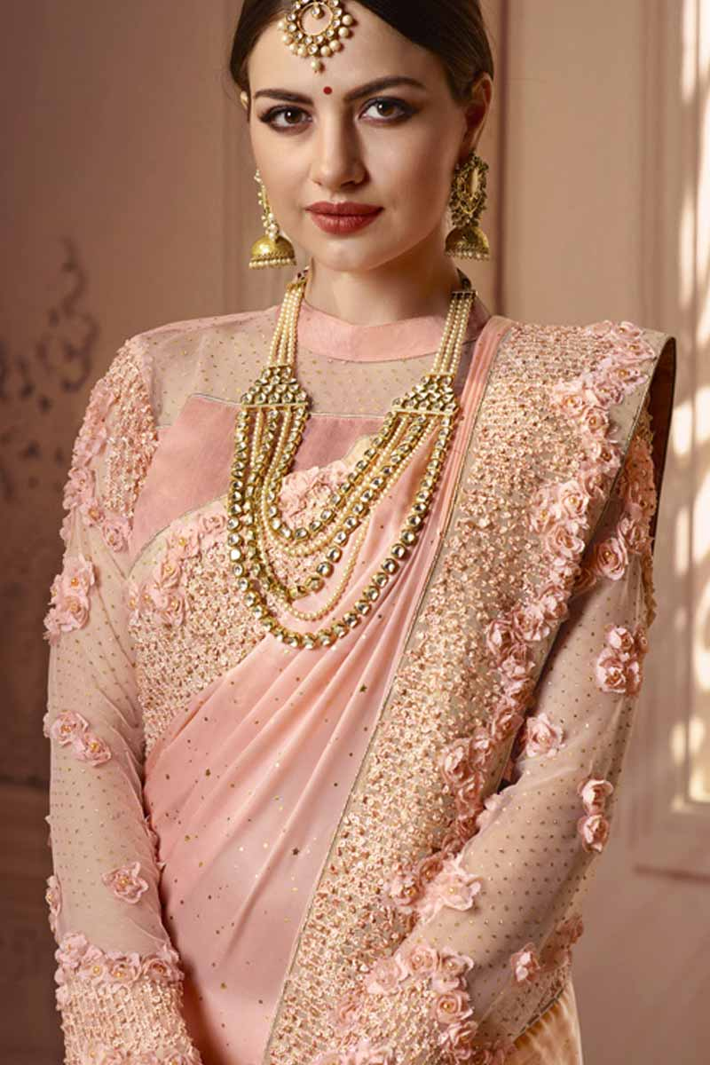Buy wedding saree boutique online light pink satin indian sarees band