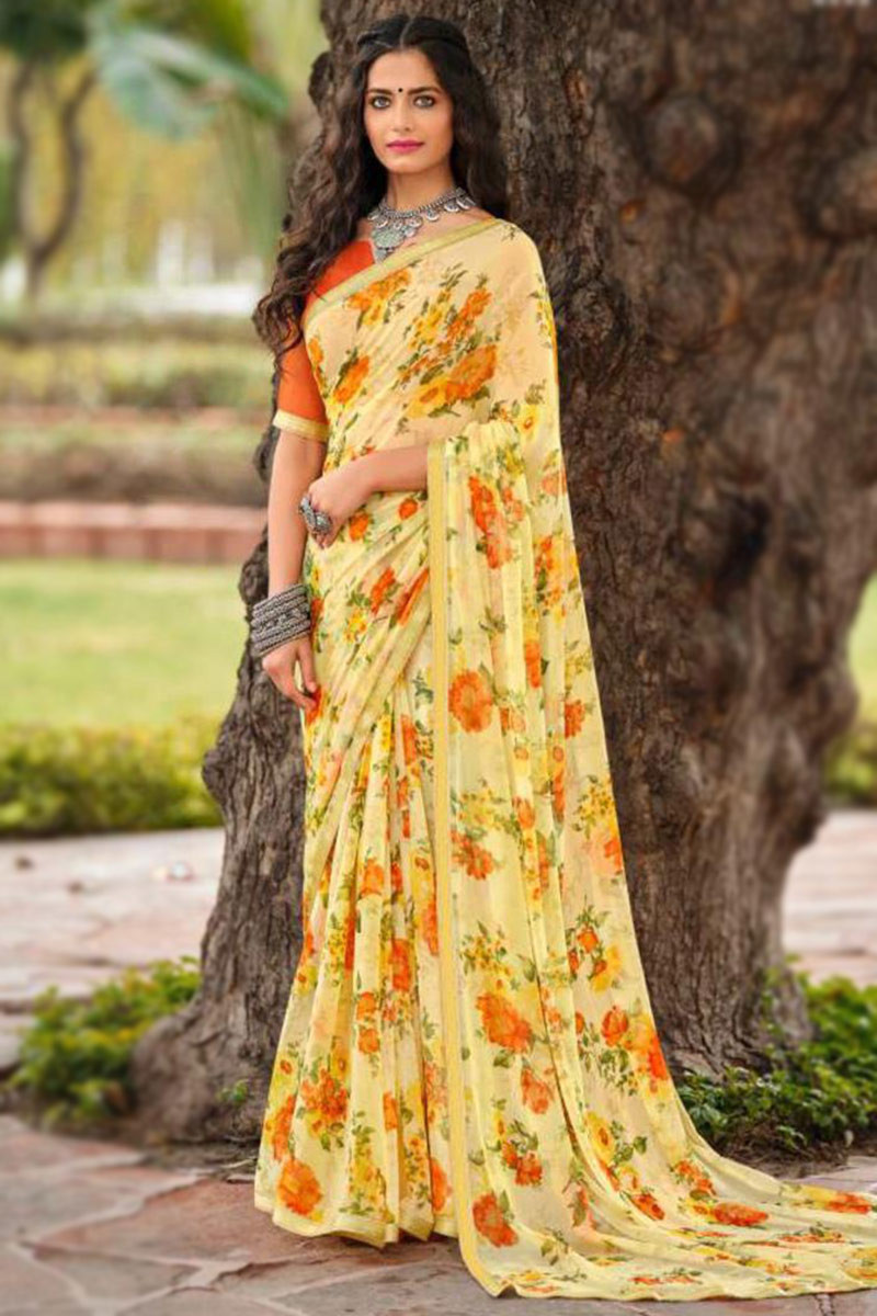 Silk Designer Saree Yellow Floral Border – ViDesi