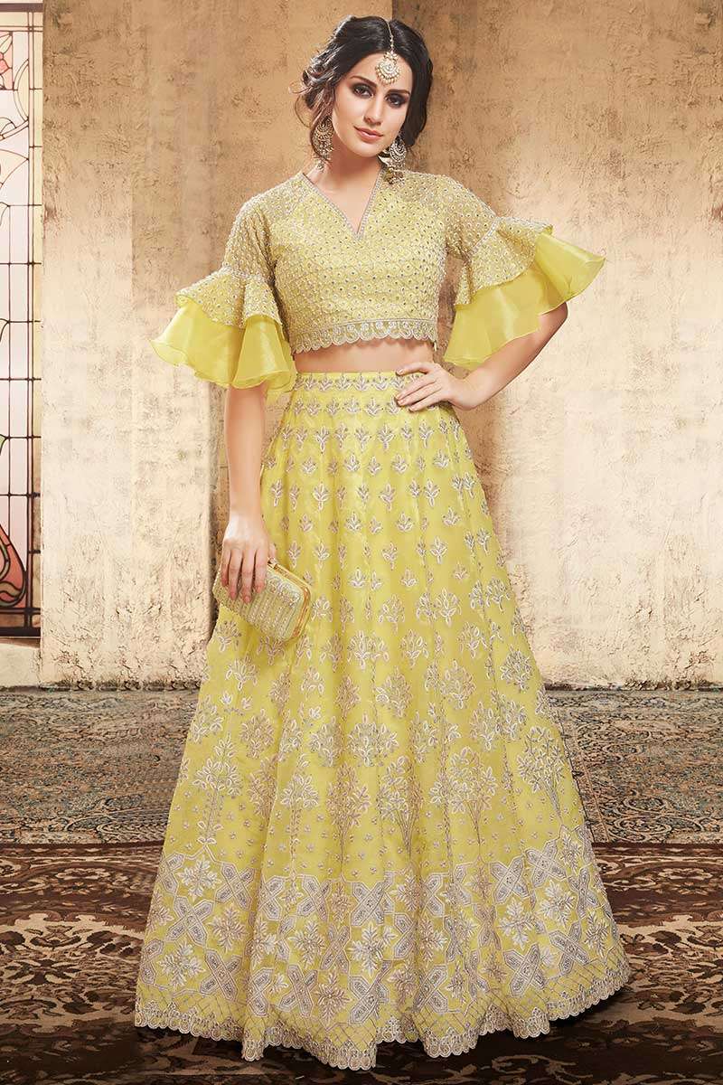 Aqua Embroidery Yellow Gota Lehenga with Peplum Choli Organza Dupatta for Girls