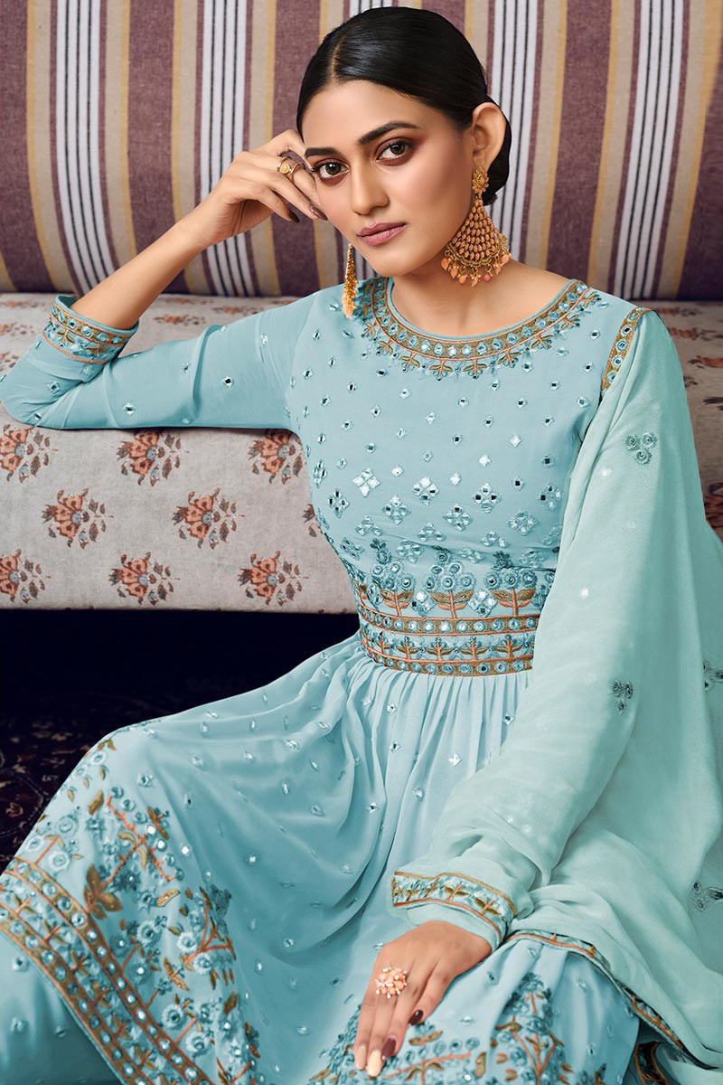 Embroidered Georgette Light Blue Sharara Suit