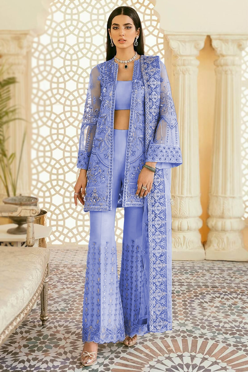 Royal Blue Straight Pant Suit in Satin Georgette UK  SK13088