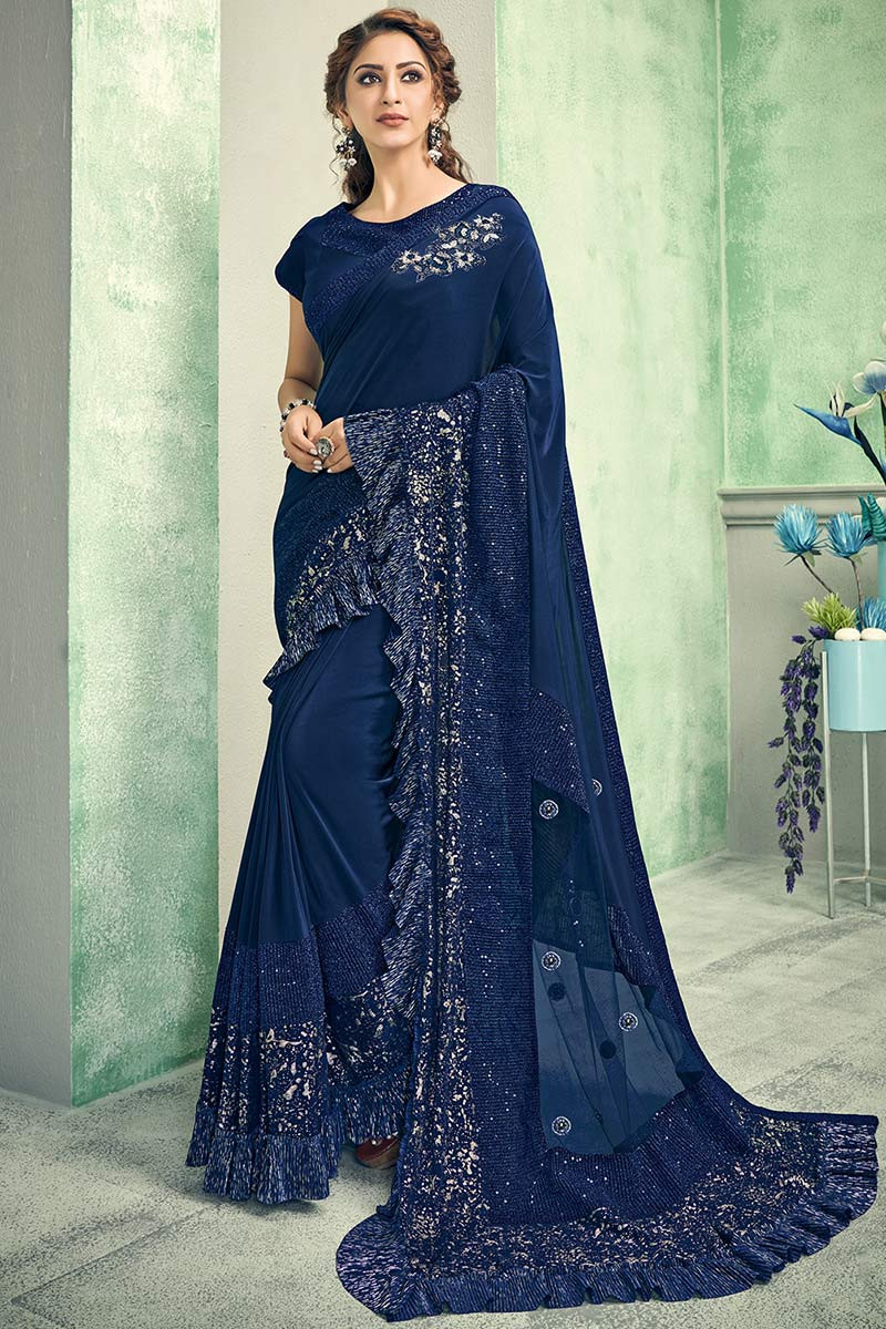 Buy Lycra Wedding Wear Saree In Dark Blue Color Online - SARV05249 ...