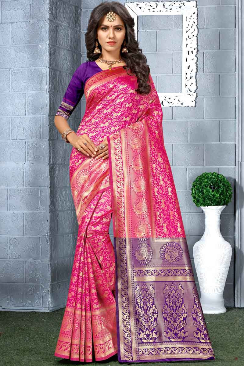 Buy Magenta Pink Kanchipuram Silk Saree With Silk Blouse Online ...