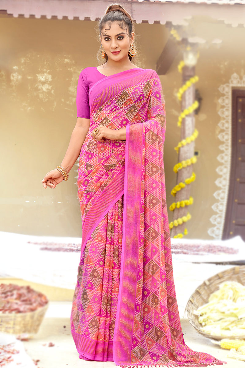 Magenta Pink Casual Wear Printed Chiffon Saree SARV161374