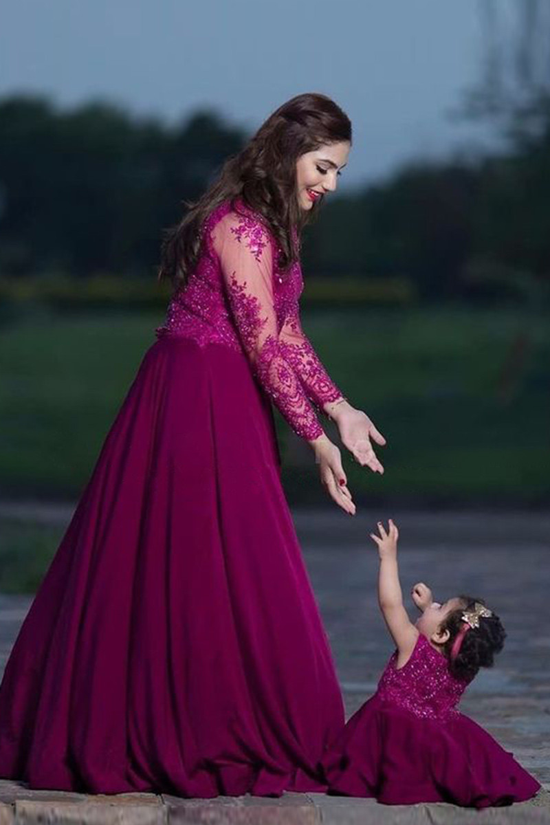 Magenta Pink Velvet Embroidered Mother Daughter Duo Gown LSTV118890