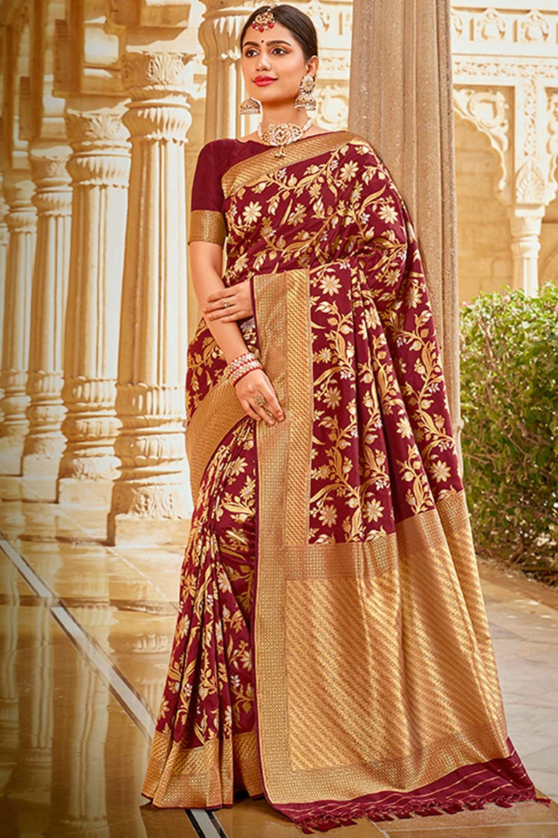 Buy Maroon Banarasi Silk Indian Wedding Saree Online - Sarv05240 Andaaz Fashion